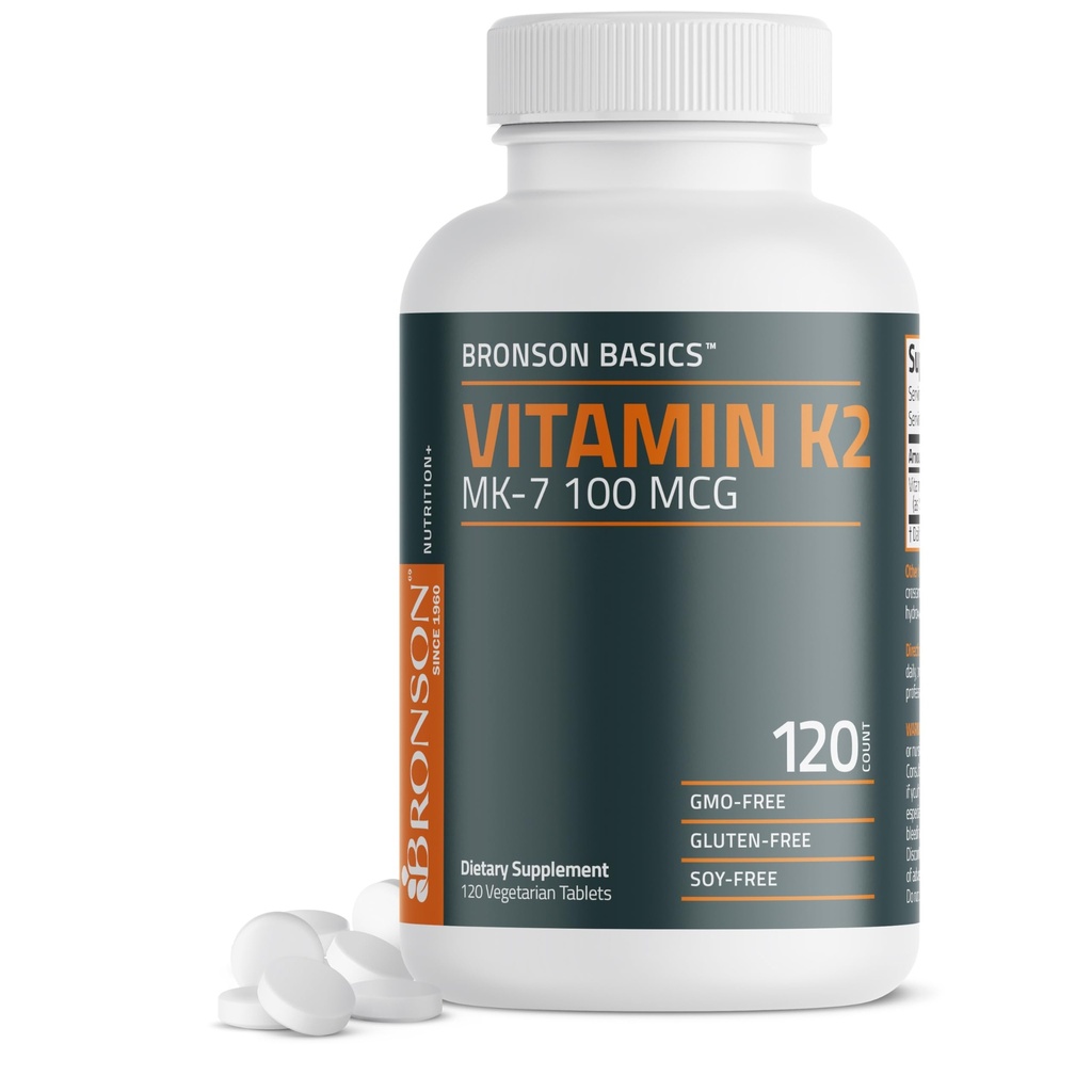 Bronson Vitamine K2 MK-7 100 MCG, K2 als MK7 Menachinon, Bone Support Non-GMO, 120 tabletten