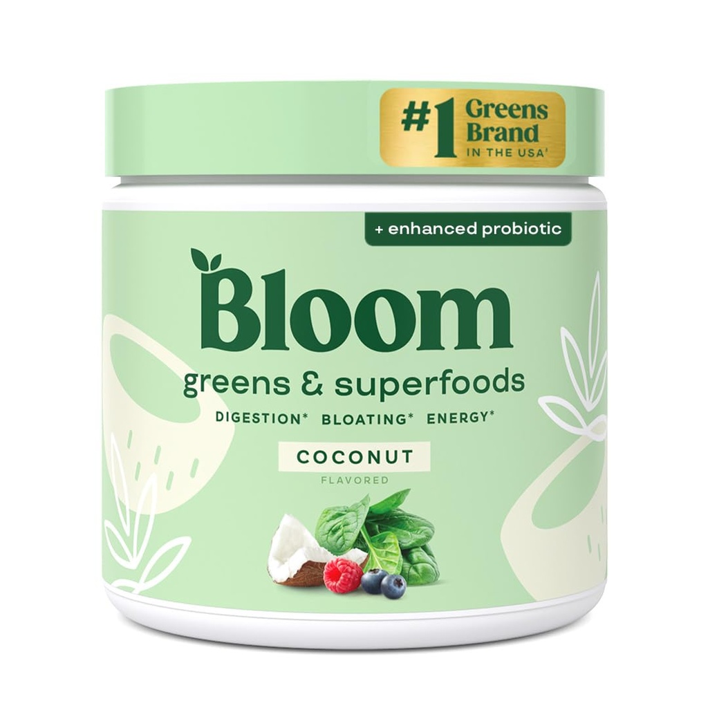 Bloom Nutrition Superfood Greens Powder, Decompensative Enzymes met Probiotica en Prebiotica, Gut Health, Bloating Relief voor vrouwen, Chlorella, Green Juice Mix met Beet Root Powder, 30 SVG, Kokosnoot