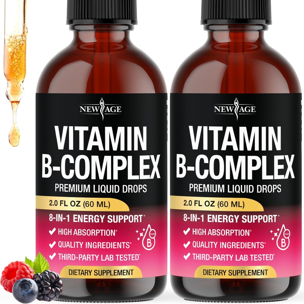 NEW AGE Vitamin B-Complex B5 Pantothenic Acid | B12 Methylcobalamin | B1 Thiamine | B6 Pyridoxine | B7 Biotin | B9 Folic | B3 Niacinamide - B Complex Liquid Drops, Made in USA Supplement - 4fl oz