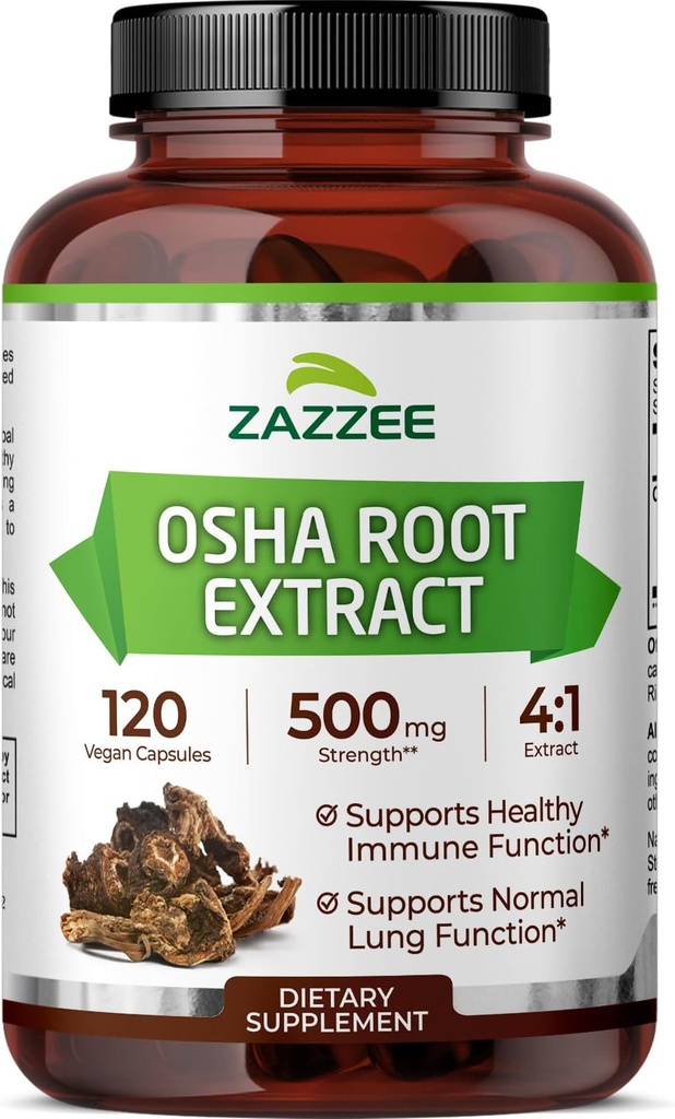 Zazzee OSHA Root 4:1 Extract, 500 mg Sterkte, 120 Vegan Capsules, 4 maand supply, geconcentreerd en gestandaardiseerd 4X Extract, 100% vegetarisch, Ligusticum porteri, All-Natural en Non-GMO