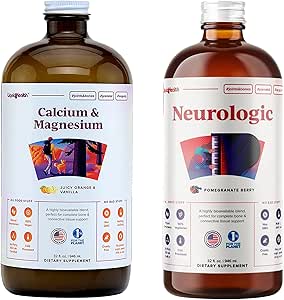 LIQUIDHEALTH Calcium en Magnesium & Neurologic Nootropic Liquid Vitamin Supplements Bundle for Adults - Support Bone & Tissue Health, Improve Memory, Focus & Concentration - Vegan, Non-GMO, USA Made