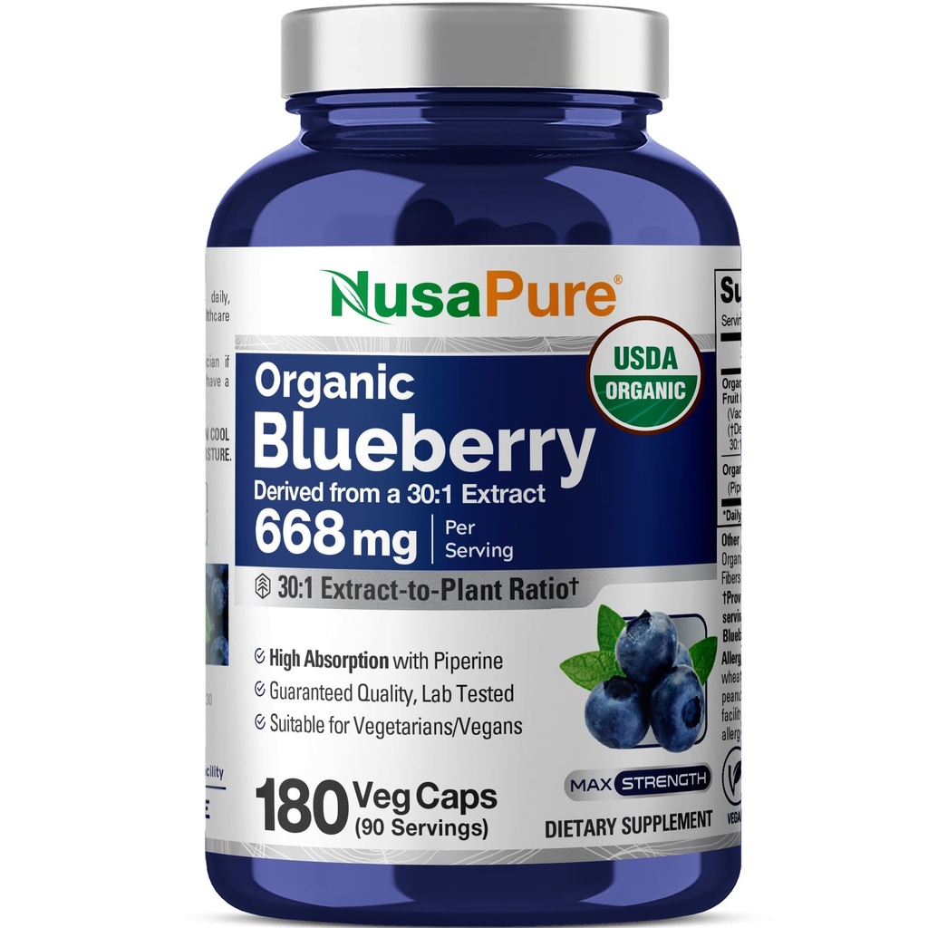 NusaPure Organic Blueberry Capsules, 668 mg, 180 Veg Capsules (Non-GMO, Vegan, USDA)