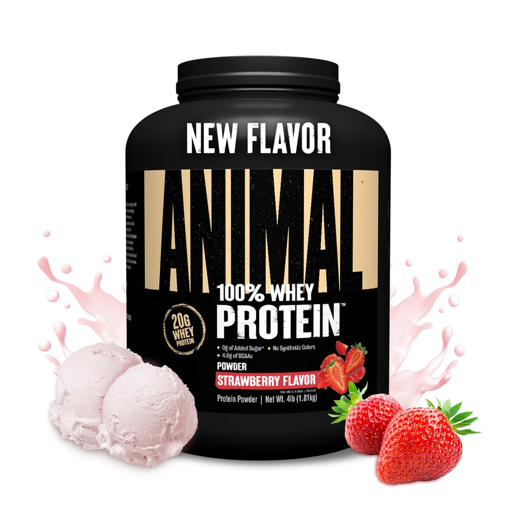Animal 100% Whey Protein Powder – Whey Blend for Pre or Post Workout, Recovery, Anytime Low Sugar Protein Boost Meal Replacement with BCAA Branched Chain Amino Acids – New Flavor, Strawberry, 4 lb
