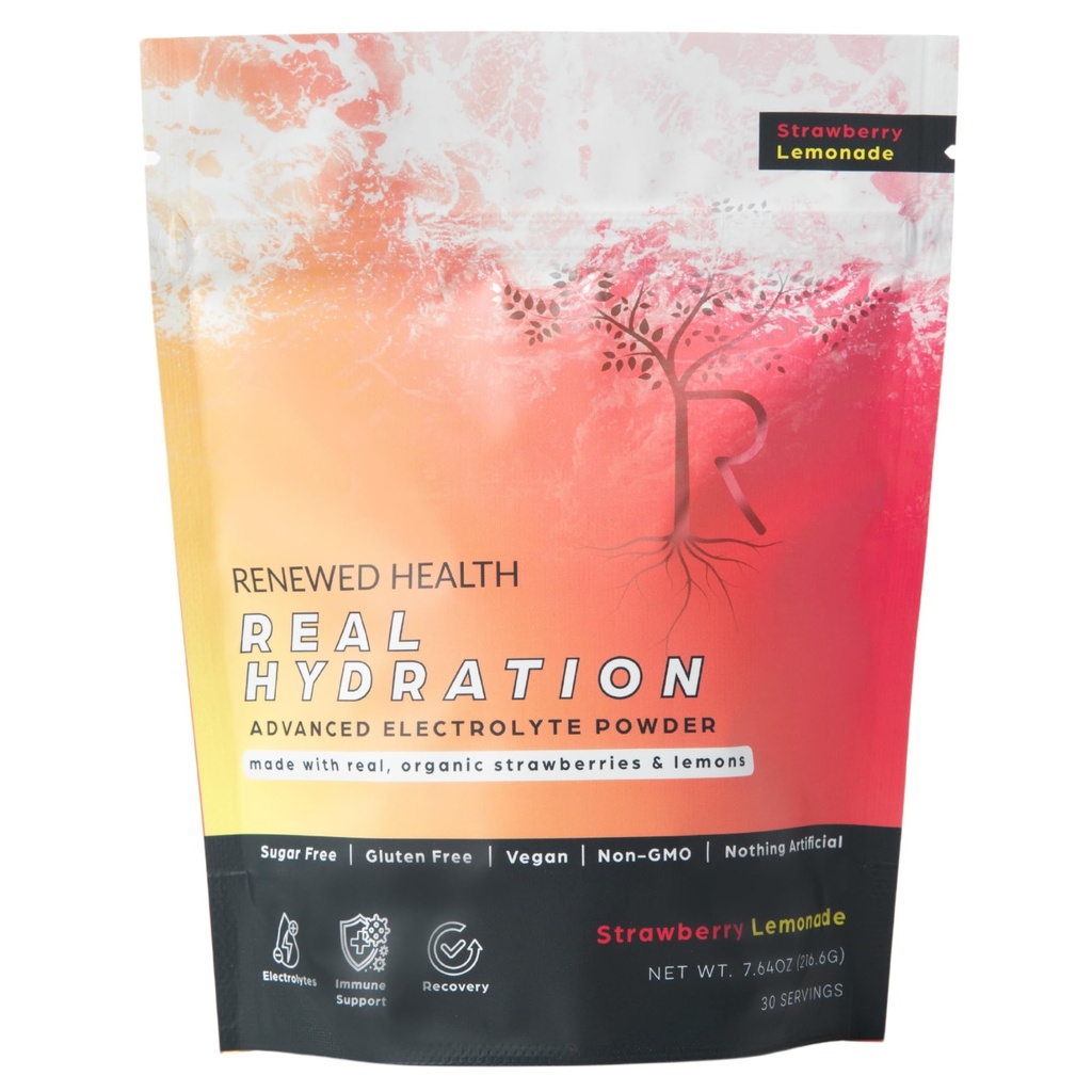 Real Hydration Advanced Electrolyte Powder - Made with Real Organic Fruits & Pink Salt - Zero Sugar & Vegan - Hydration, Immune, Energy & Recovery Support (30 Servings, Strawberry Lemonade)