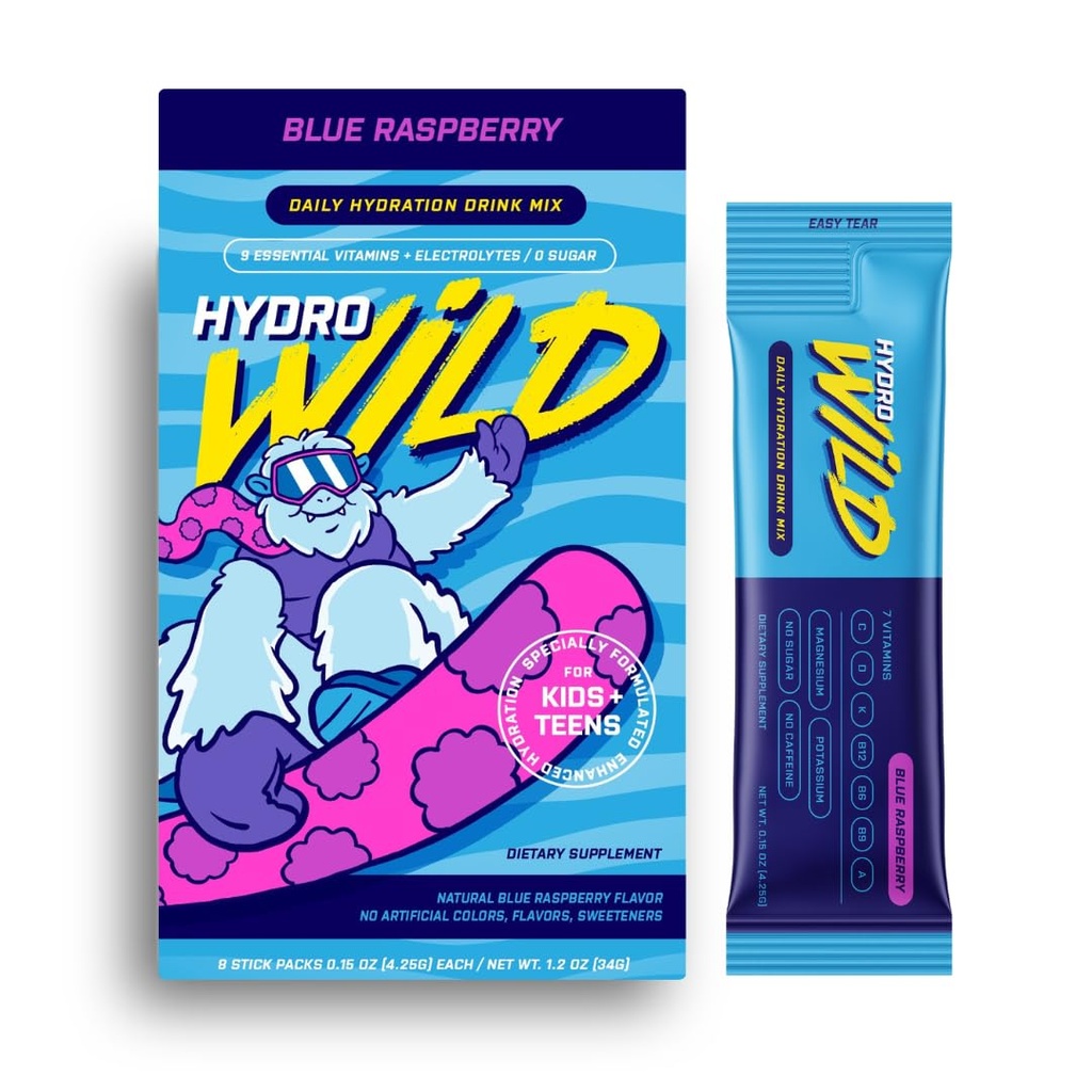Kids Electrolyte & Vitamins Drink Mix | Plant-Based Scientifically Formulated | No Added Sugar, No Added Salt, Gluten-Free, No Artificial Flavors or Colors | 8 Packets - Blue Raspberry
