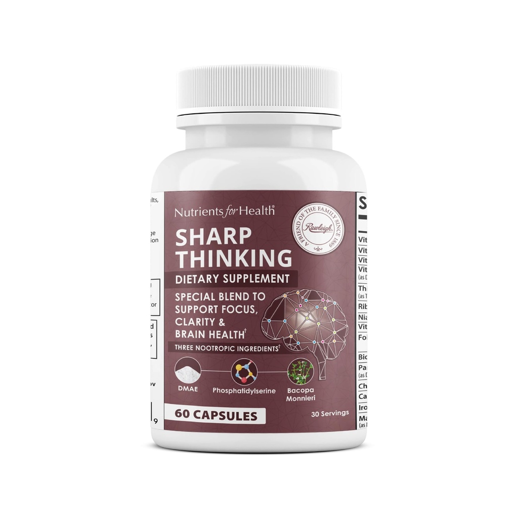 Rawleigh Sharp Thinking: 60 Capsules, Focus, Clarity, Support mémoire, 3 Nootropics, Bitartrate DMAE, Bacopa Monnieri, Phosphatidylsérine, DHA et vitamines A, C, D, E, B-Complex