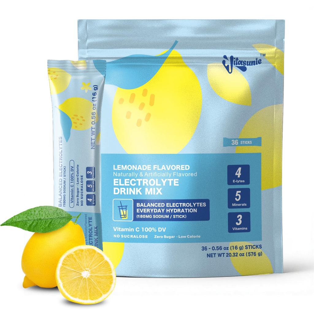36 Hydration Packets, Sugar Free Lemonade Electrolyte Powder Hydration Drink Mix with 4 Electrolytes and 100% DV Vitamin C, Low Calorie, No Sucralose, Vegan, Gluten-Free