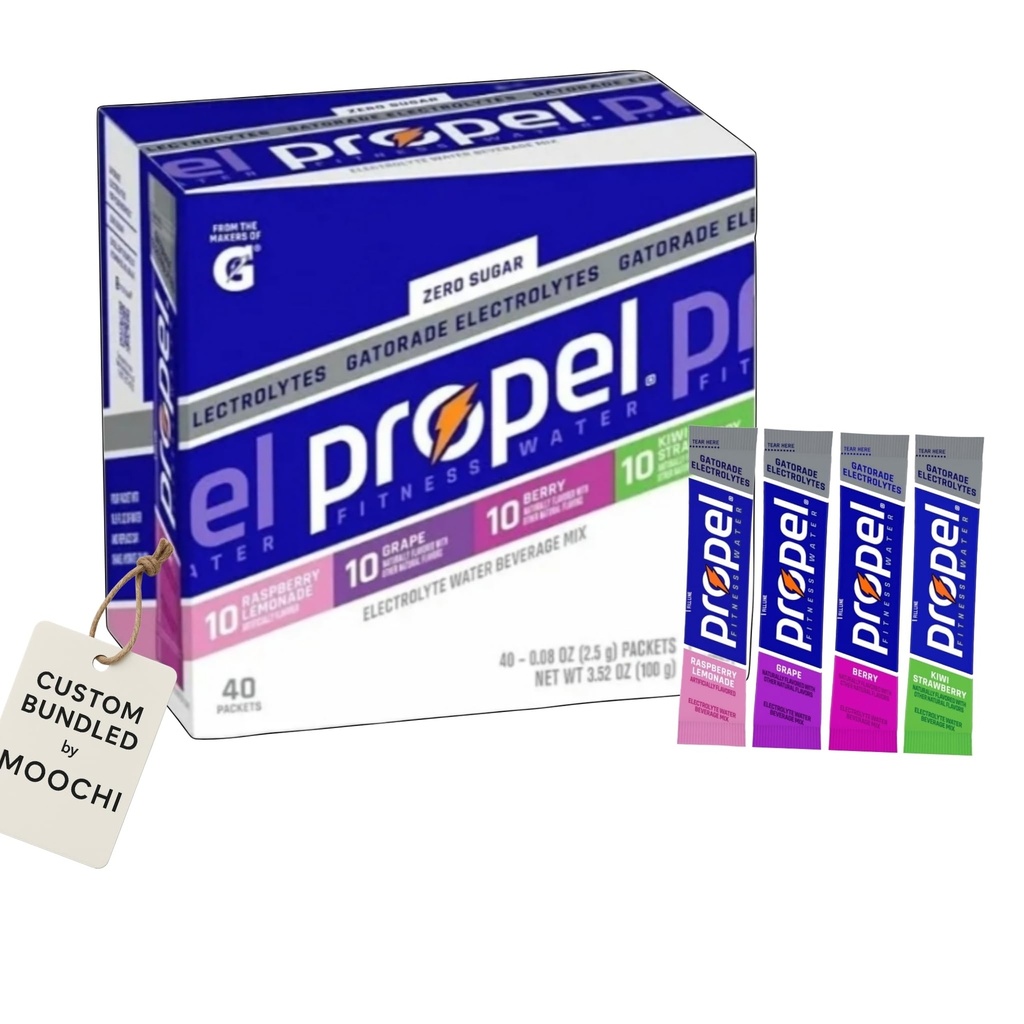 MOOCHI Propel Electrolyte Hydration Powder Packets - Zero Sugar, Refreshing Flavors (Raspberry Lemonade, Grape, Berry, Kiwi Strawberry) - 40 Pack for Instant Hydration Custom Bundled