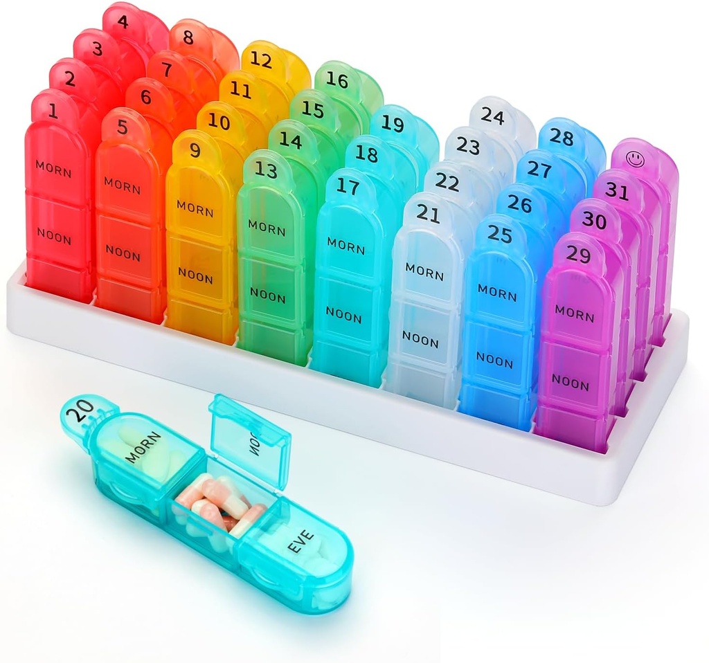 Maandelijkse pil Organizer, 31 dagen pil Dispenser 3 keer per dag met kleine pil Box, 4 weken pil Container voor vitamines, visolie, supplement en geneeskunde- BPA Gratis, gemakkelijk te gebruiken