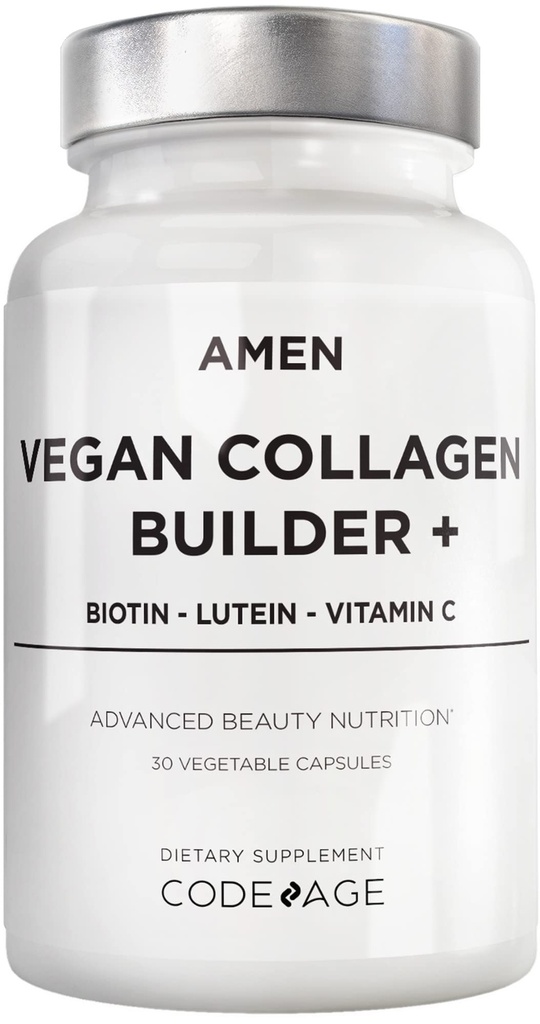 Amen Plant-Based Vegan Collagen Builder Supplement - Biologische Whole Foods, Lutein, Vitamine C, Biotin, Lysine, Proline Collageen Boosters - Biologische Cranberry, Citroen, Aardbei - Eenmaal per dag - 30 Capsules