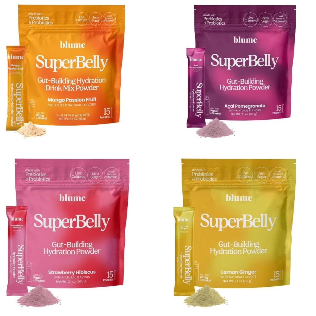 Blume SuperBelly Gut Health + Hydration, Daily Sugar Free Probiotics, Prebiotic Fiber, and Electrolytes Powder Packets for Digestion Support, Variety Pack - Strawberry, Açai, Mango, Lemon, 60 Sticks
