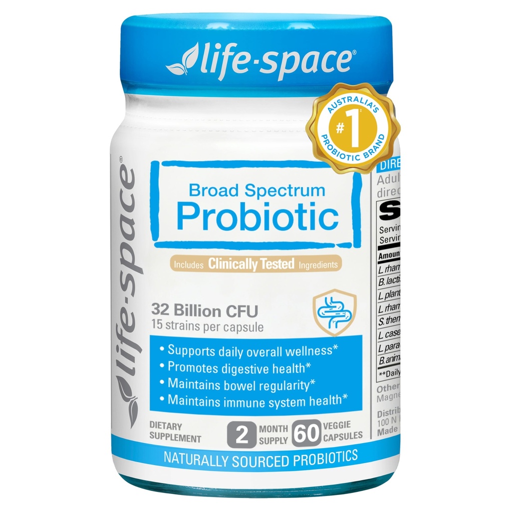 Life-Space Premium Broad Spectrum Probiotica, 2 maanden Serving, 32 miljard CFU & 15 Diverse Strains, Geformuleerd voor Dagelijkse Digestieve Gezondheid & Immune Health, Probiotica voor Vrouwen & Mannen, 60 Veg Capsules