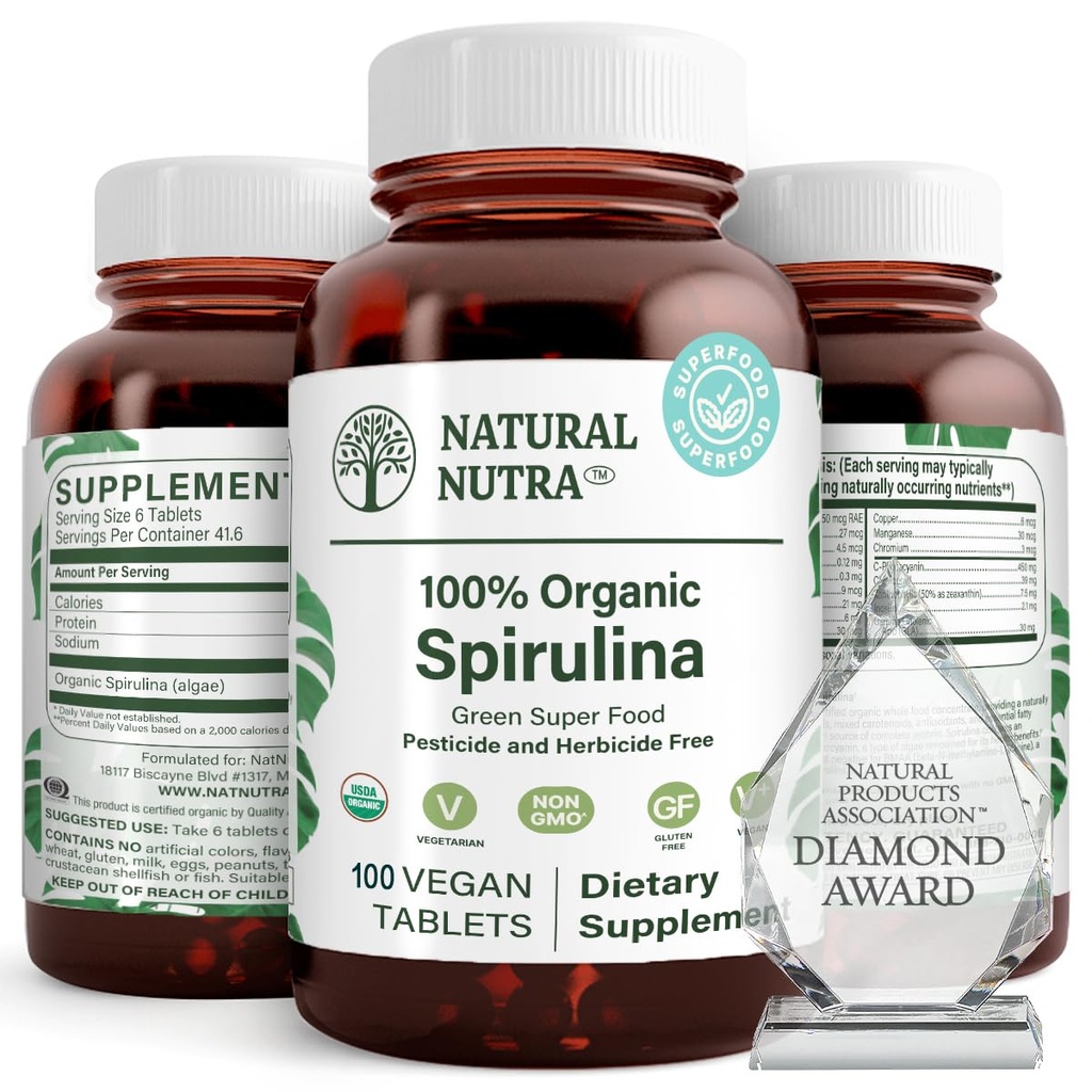 Nutra naturel 100% USDA comprimés de spiruline biologique, aide à maintenir les graisses du corps, favorise la santé du foie, favorise le système immunitaire, aide à améliorer le métabolisme, favorise l'immunité, 300mg, 100 comprimés végétaliens