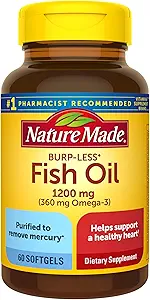 Nature faite Burp-moins huile de poisson 1200 mg, 60 Softgels, huile de poisson Oméga 3 supplément pour la santé cardiaque (paquet de 3)