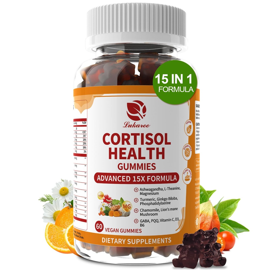 Lukaree Cortisol Supplements for Women & Men, 15 in 1 Cortisol Reducer Manager, Cortisol Calm Gummies with Ashwagandha, Magnesium, L-theanine, GABA - for Mood, Focus, Sleep - Vegan Sugar Free, 60 Ct.