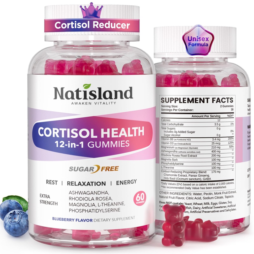 Cortisol Gummies, 12-in-1 Cortisol Reducer, with Magnesium Glycinate, Ashwagandha, L-Theanine, Phosphatidylserine, Vitamin B6 & D3, Rhodiola Rosea, for Men & Women, Sugar-Free, Vegan, NON-GMO, 60CT