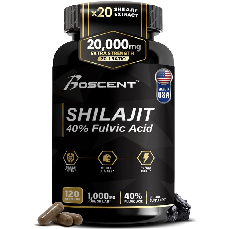 Shilajit Capsules 20 000mg – Pure Himalayan Shilajit pour les hommes et les femmes – Supplément d'acide fulvic organique avec 85+ Trace Minerals – Soutien à l'énergie naturelle et à la vitalité de haute puissance – 120 Capsules Vegan