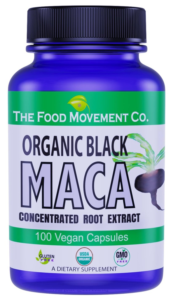 LE MOUVEMENT DES ALIMENTS CO. Black Maca 500mg 60 Capsules - Organique, Non-OGM, Vegan, Sans gluten- Supplément de racine de Maca noir pour le bien-être du corps entier
