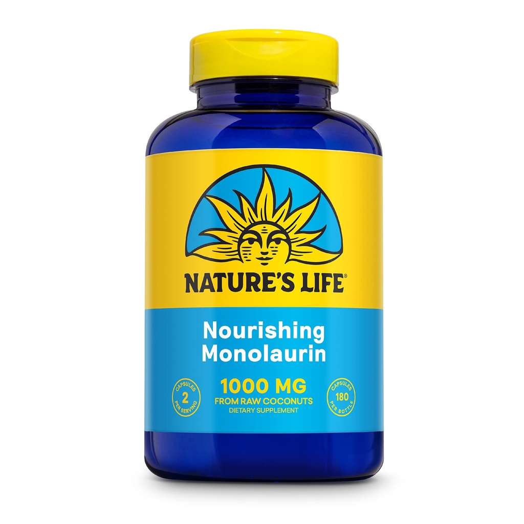 Nature's Life Monolaurin 1000 mg, Nourishing Monolaurin from Natural Raw Coconut, Immune Support Supplement, Gut Health, Balanced Gut Flora, 60-Day Guarantee, 90 Servings, 180 Vegetarian Capsules
