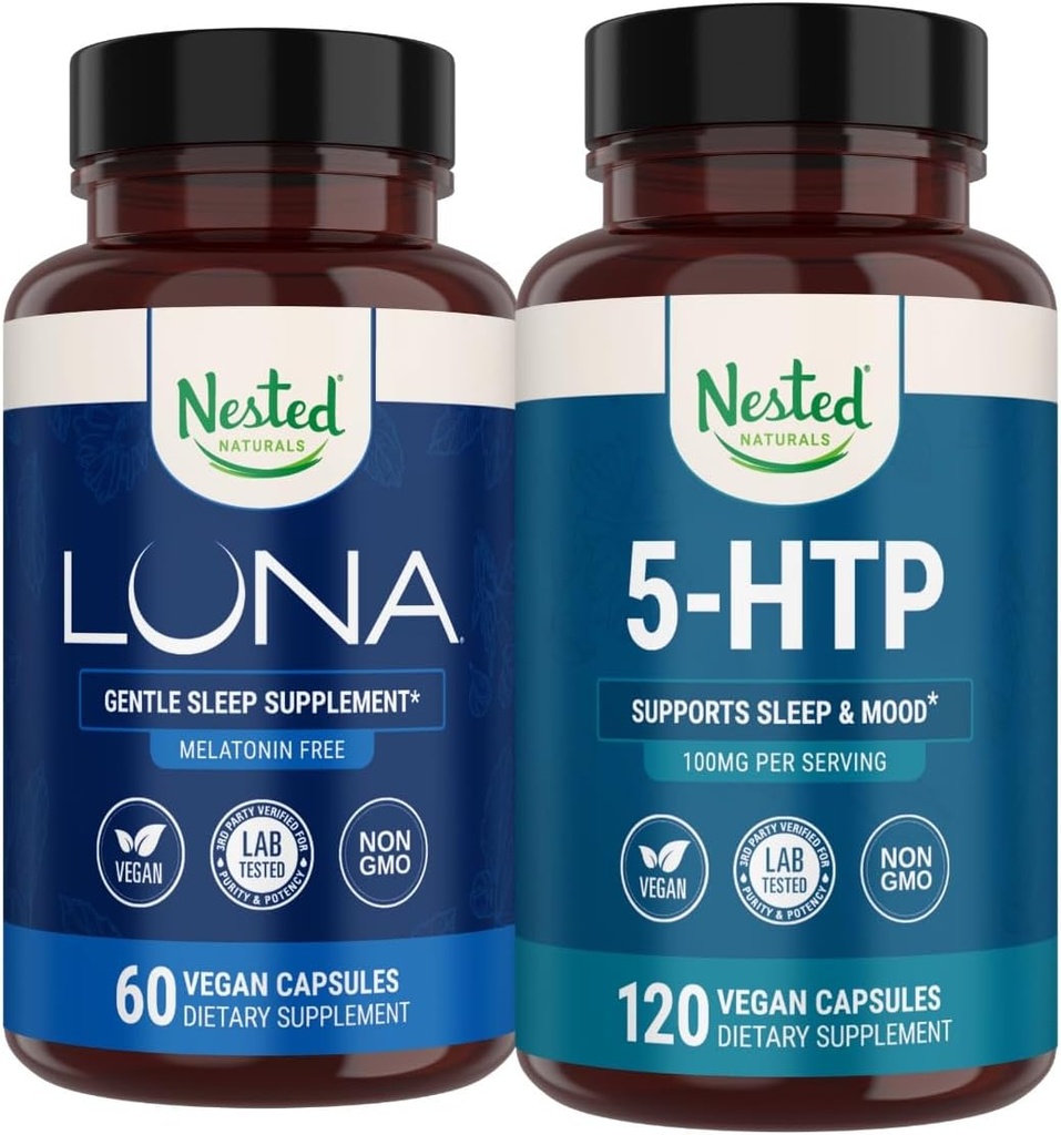 Nested Naturals Luna Melatonine-Free Sleep Supplement (60 Vegan Capsules) & 5-HTP 100 mg (120 Vegan Capsules) voor Verbeterde Slaap, Ontspanning & Mood