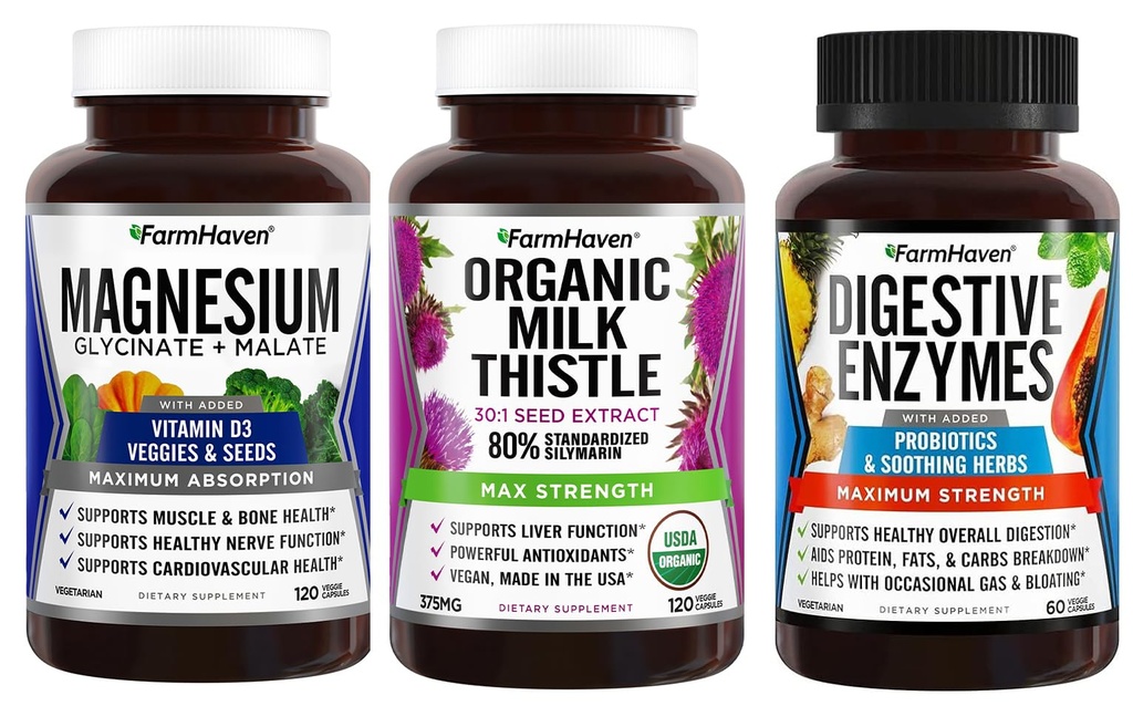 FarmHaven Magnesium Glycinate & Malate + Milk Thistle + Digestieve Enzymen met Probiotica