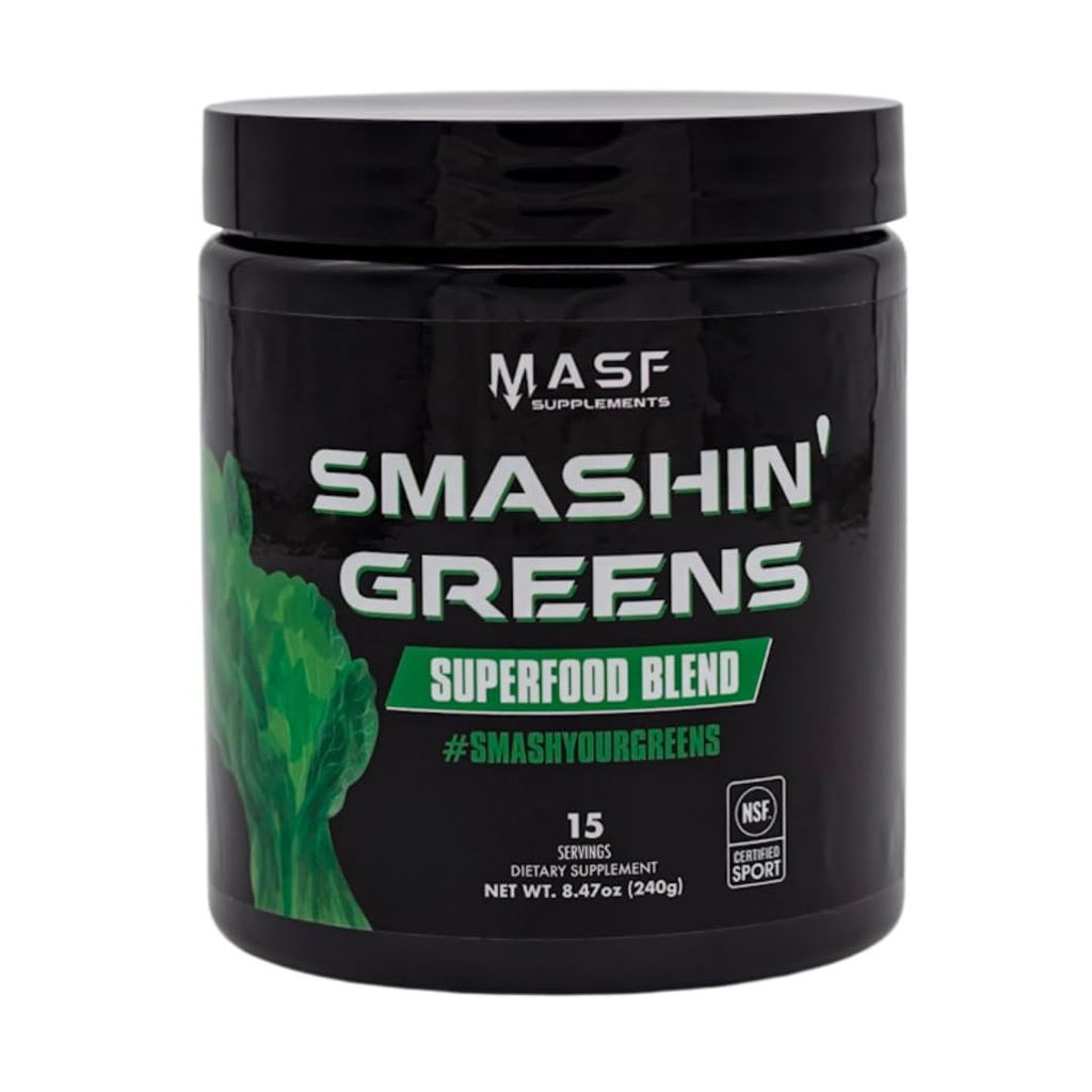 Suppléments MASF Smashin' Greens Superfood Organic Blend - 15 portions - Boost Energy, Immune Support, Digestive Health with Organic Wheat Grass, Spiruline, Chlorella - Certifié NSF