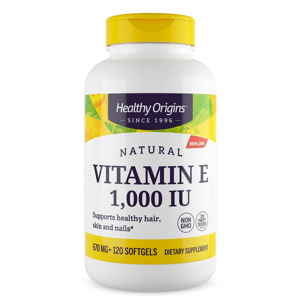 Gezonde oorsprong Vitamine E, 1000 IE (natuurlijke) gemengde tocoferolen - Vitamine E-supplement - Glutenvrije en niet-GMO-huid, haar en nagels Vitamine - 120 Softgels