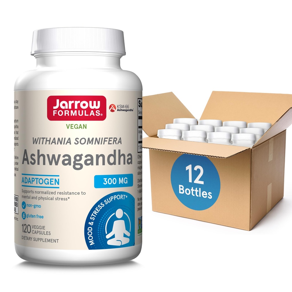 Jarrow Formulas Ashwagandha 300 mg - 120 Veggie Capsules - Overall Health & Resistance to Fatigue - Supplement Supports Endurance, Muscle Recovery & Cognitive Health - 60 Servings (Pack of 12)