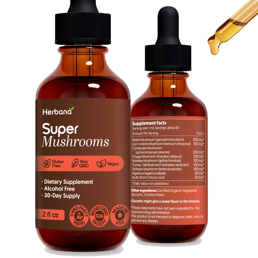 Super Paddenstoelen 8-in1 - 2 fl oz Liquid Extract - Brain Booster & Immune Support Drops - Reishi, Lion