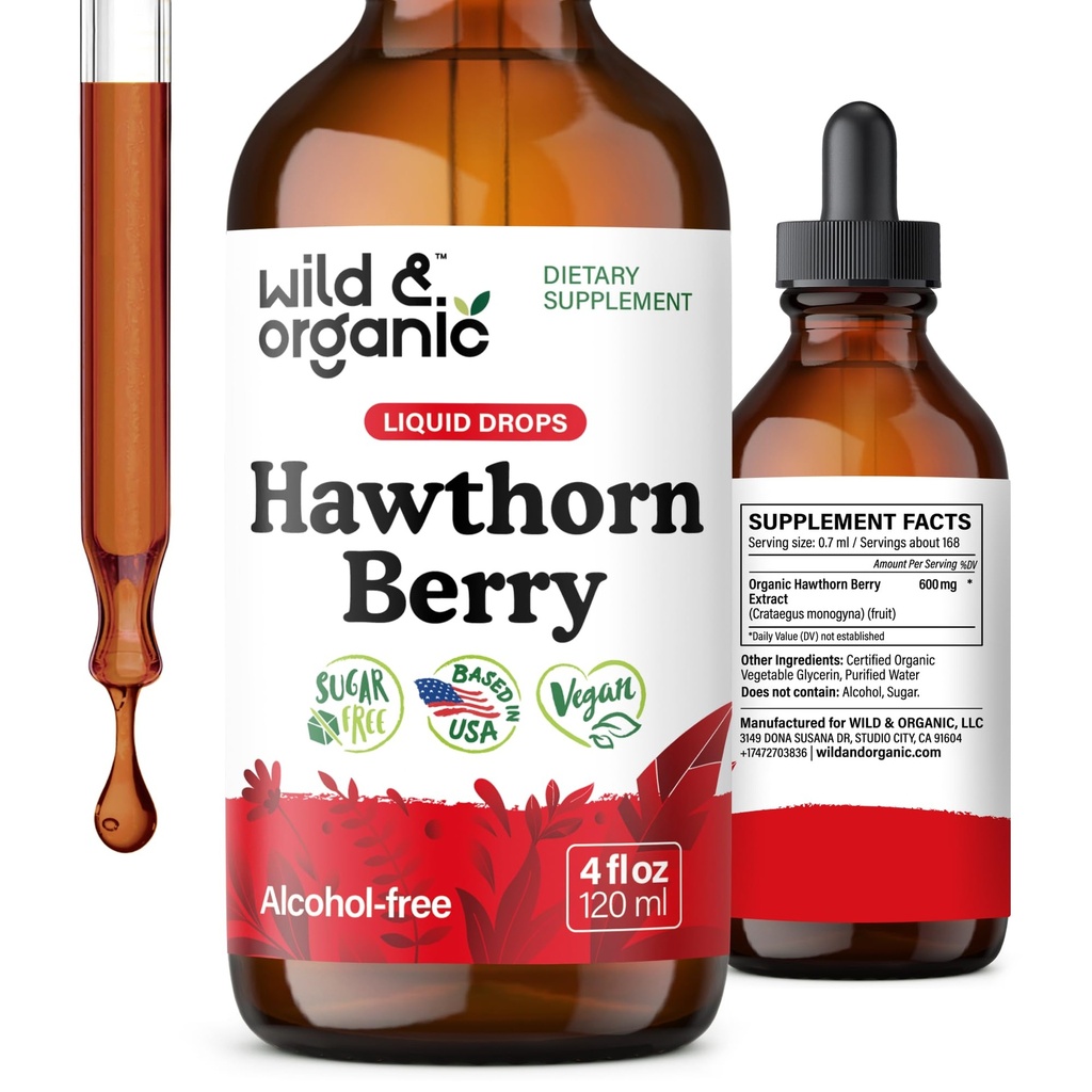 Teinture de baies d'épines sauvages et organiques 600 mg - supplément de baies de hawthorne liquide pour le soutien global - gouttes d'extrait de fruits végétaliens, sans sucre et sans alcool - 4 fl oz