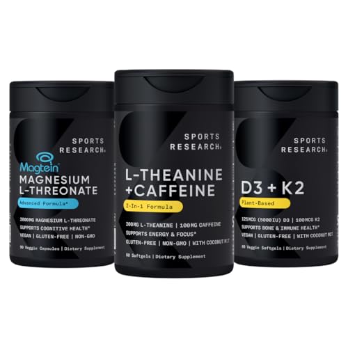 Sportonderzoek Magtein Magnesium L-Threonate Capsules (2000mg, 90 Capsules), Vegan Vitamin D3 + K2 w/Organische Kokosolie (5000iu VIT.D 100mcg Mk7 VIT.K, 60 Softgels) en L-Theanine (200mg, 60 ct)