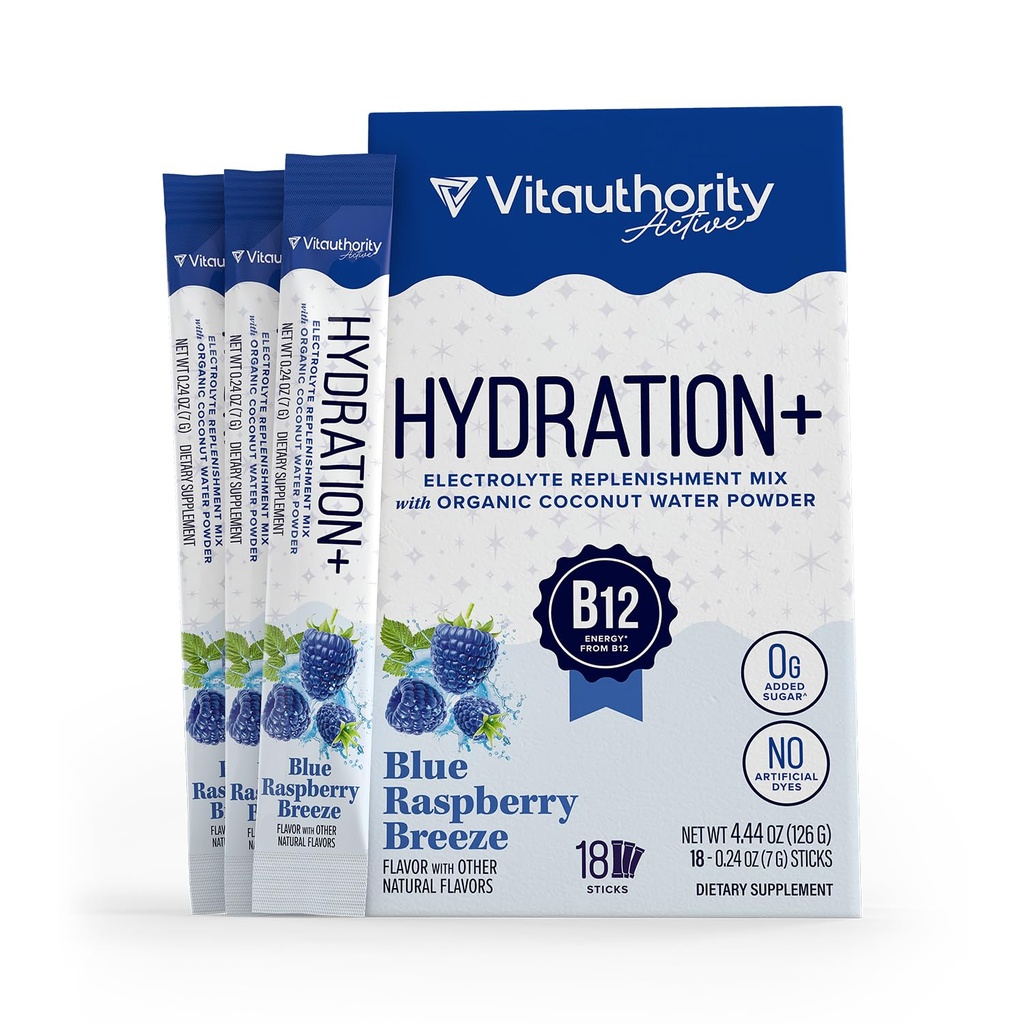Hydration Electrolyte Powder Packets Blend Magnesium Calcium Sodium Potassium | Coconut Water + Vitamin C & B12 | Sugar-Free, Vegan, Non-GMO, Energy & Immune Support, 18 Servings Blue Raspberry Flavor