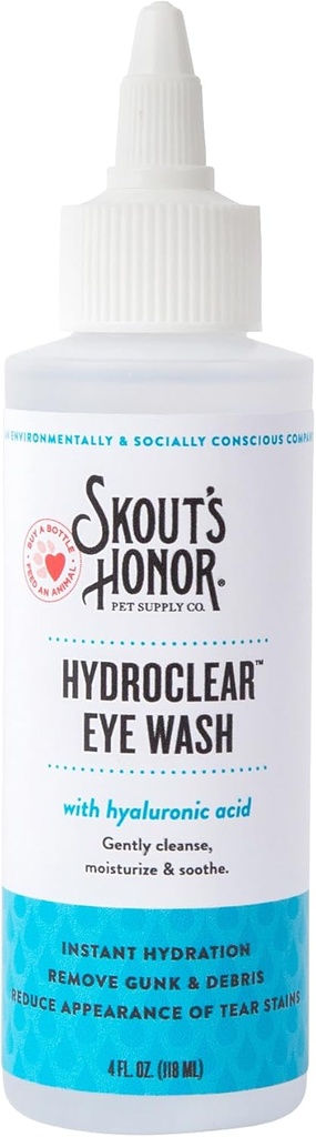 SKOUT'S HONOR HydroClear Eye Wash with Hyaluronic Acid, 4oz Bottle - Non-medicined, Daily Eye Care for Dogs & Cats