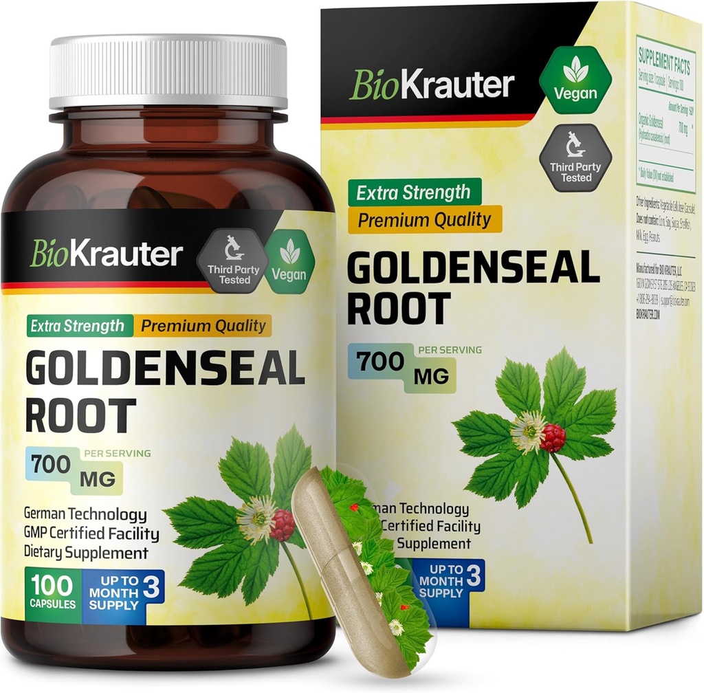 BIO KRAUTER Capsule de racine de graine d'or 700 mg - 100 capsules de poudre de phoque d'or - Support respiratoire et digestif - Vegan, pas de remplissage