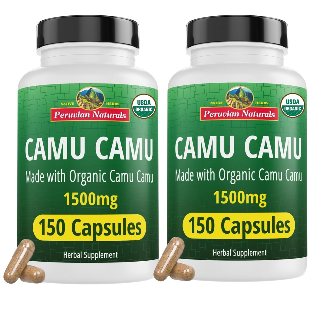 Peruvian Naturals Organic Camu Camu Capsules 1500mg – Natural Vitamin C Supplement, 300 Vegan Pills, Antioxidant Support, Immune & Skin Health