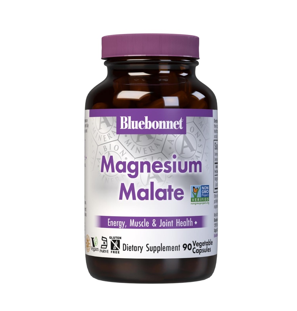 Bluebonnet Voeding Magnesium Malaat Plantaardige Capsules - Ondersteunt Energie, Spier & Joint Health - Non-GMO, Vegan, Kosher Gecertificeerd, Glutenvrij, 90 Tel.