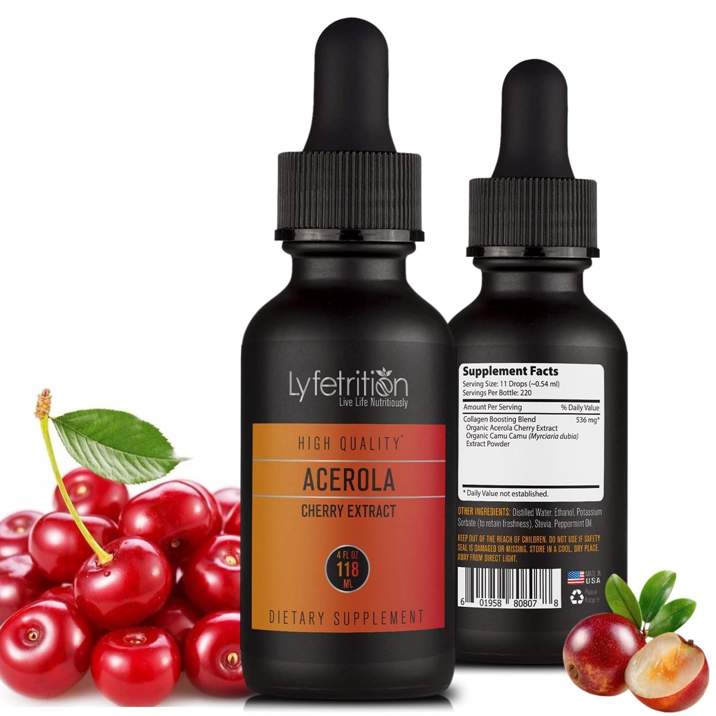Lyfetrition Acerola Cherry Extract Liquid Supplement 118 ml | 4 FL OZ | 220 Servings| 536mg | Camu Camu Extract | Made in USA | Quick Absorption | Non-GMO | Gluten-Free