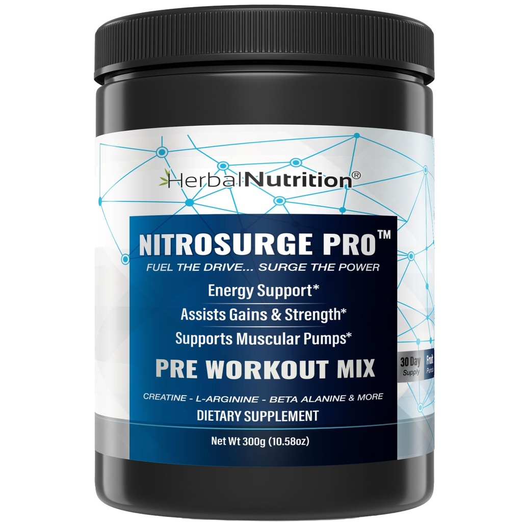 Herbal Nutrition Nitrosurge Pro Pre-Workout Powder with Creatine – Nitric Oxide Booster for Energy, Pumps, Strength & Endurance – Caffeine, Citrulline, Beta-Alanine – 300g