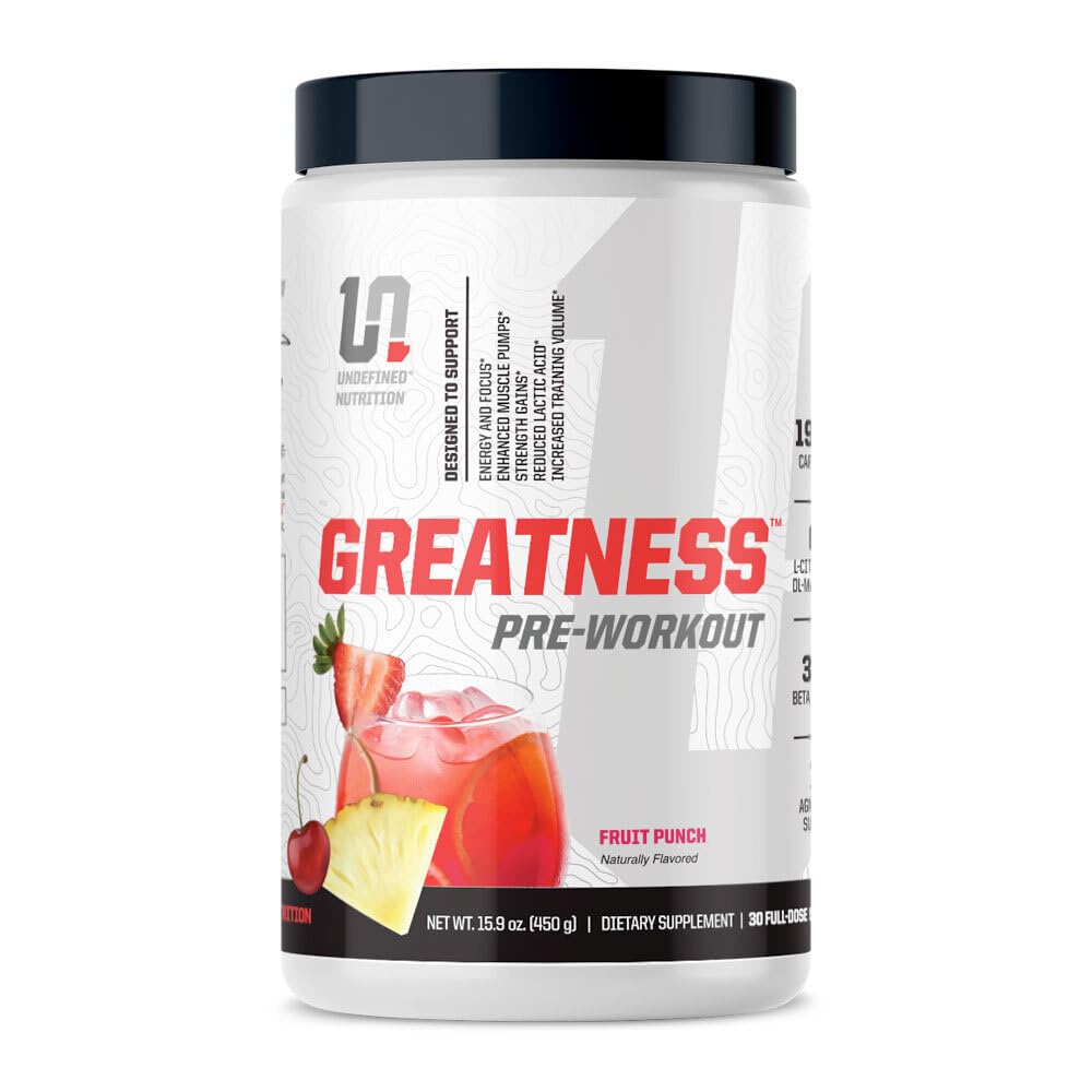 Undefined Nutrition Greatness Pre-Workout by Brian Shaw – Fruit Punch (30 Servings) – 6 g Citrulline Malate & 3.2 g Beta Alanine for Better Pumps, Energy, Focus and Strength for Men & Women