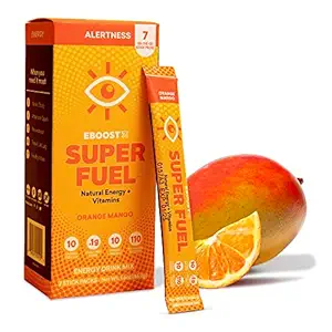 EBOOST Energy Drink Powder, Super Fuel - Orange Mango, 7 Packets - Pré-entraînement en poudre Energy Drink Mix - Natural Energy, L-Tyrosine, L-Theanine & Vitamines - Pré-entraînement pour les femmes et les hommes à partir
