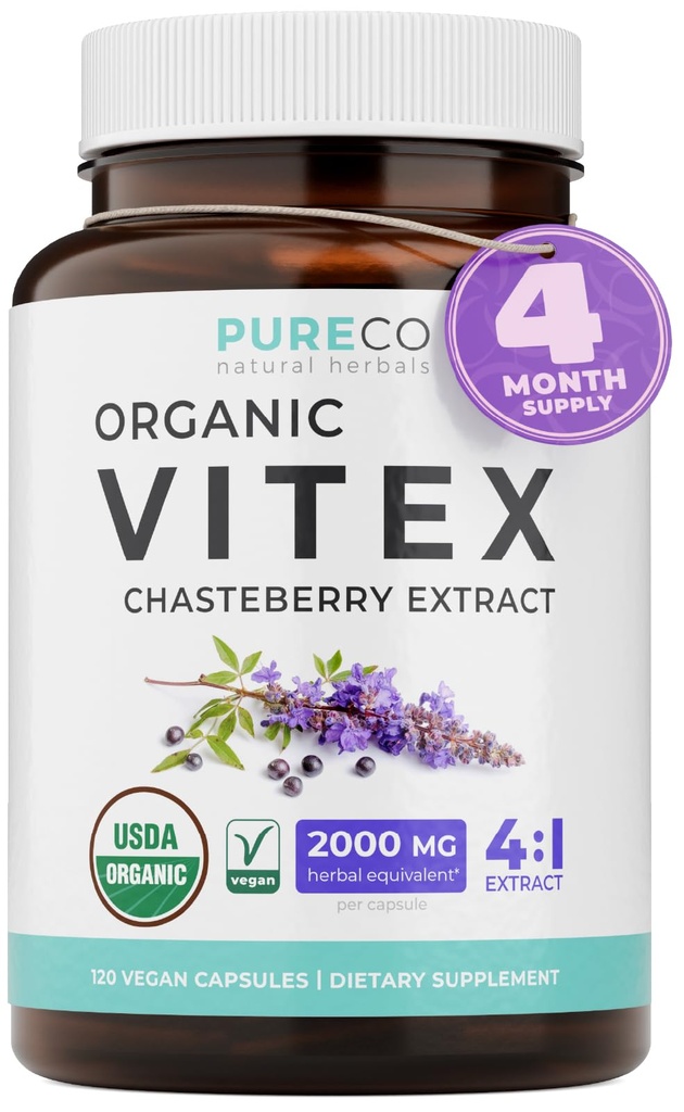 Organic Vitex Chasteberry Supplement for Women - High Strength Chaste Tree Berry Extract Supports Hormone Balance for Women from PMS to Menopause - Filler Free Vegan & Non-GMO (4 Month Supply)