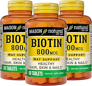 MASON NATUURLIJKE Biotine 800 mcg, Haar, Huid & Nagel Gezondheidsondersteuning, Hoge Potentie Vitamine B7 Supplement, 60 tabletten (verpakking van 3)