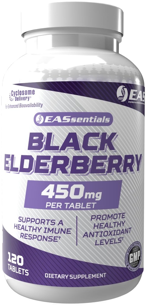 EAS Black Elderberry 450mg | Supports Healthy Immune Response | Gluten Free, Non GMO | Better Absorption with Cyclosome Delivery | 120 Tablets