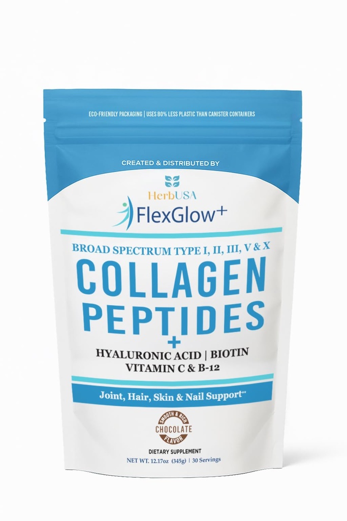 FlexGlow+ Collagen Peptides – Broad Spectrum (I, II, III, V, X) – 6,900mg – Hyaluronic Acid, Biotin & Vitamin C – Hair, Skin & Joint Support – 30 Servings (12.17oz)