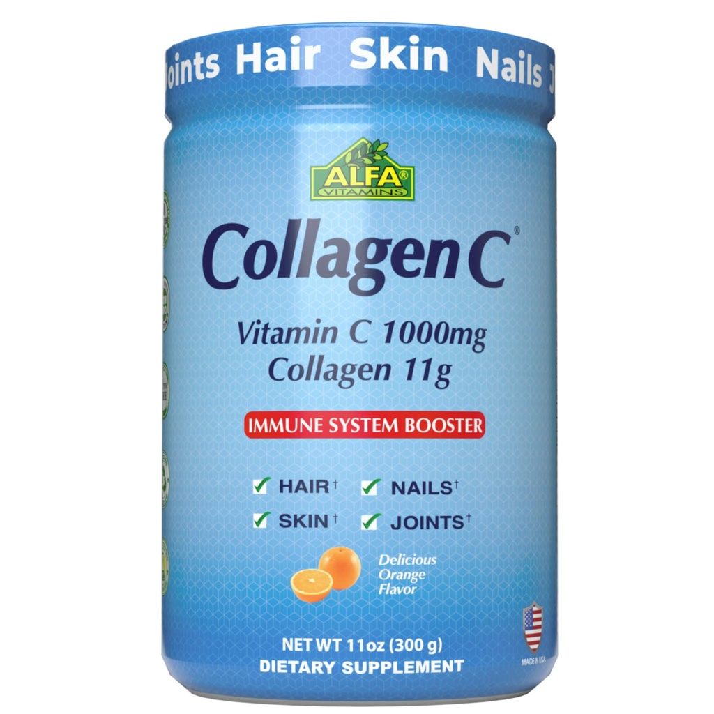 ALFA VITAMINS CollagenC Hydrolysate Peptides Powder Supplement with 1,000mg Vitamin C - Premium Quality Source of Nutrients - Skin, Hair, Nails, Immune Boost & Joints Support - Orange Flavor -11 OZ