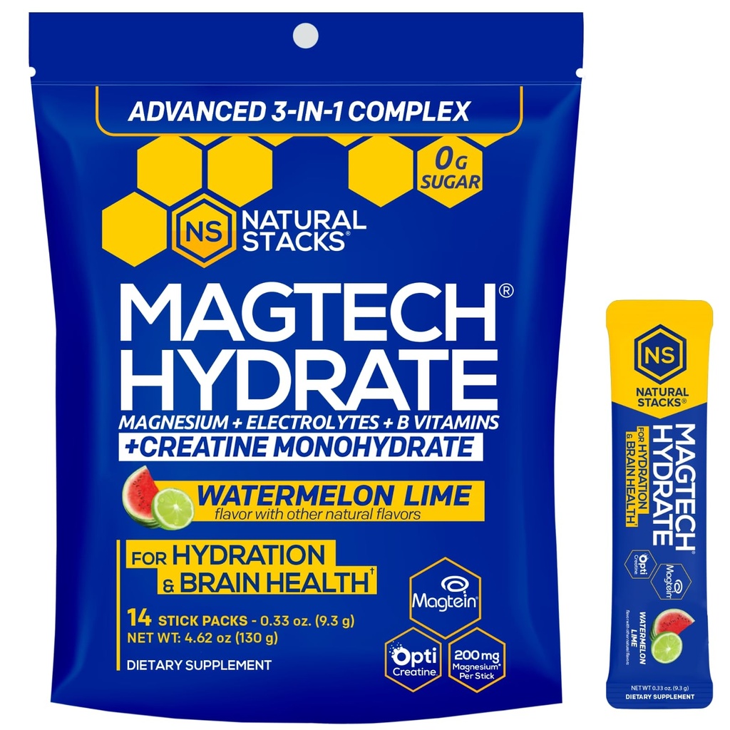 NATURAL STACKS Magtech Magnesium Hydrate + Creatine - Sugar Free Electrolyte Drink - Magtein Magnesium L-Threonate, Glycinate & Taurate - Supports Hydration & Cellular Energy - 14 Hydration Packets