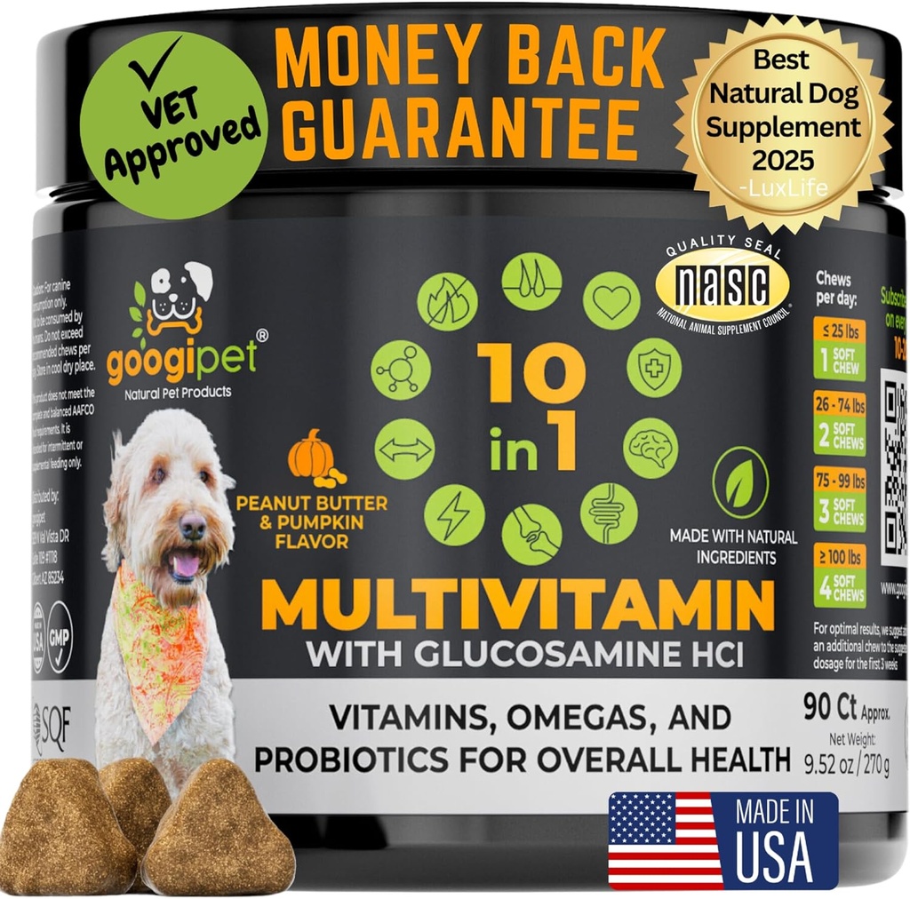 Googipet Premium 10 in 1 Hondenvitaminen Multivitamine Kauwbaar met Probiotica voor Gut Health, Hondenvitaminen en Supplementen w/Vitamine C & Glucosamine voor Gezamenlijke Ondersteuning (Peanut Butter & Pompoen smaak)