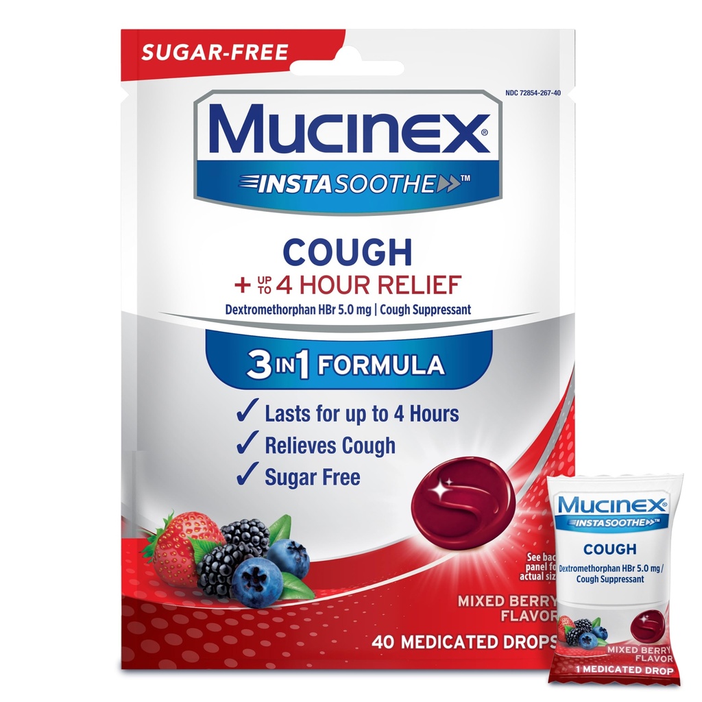 Mucinex Instasoothe Sugar Free Cough Drops, Cough Medicine voor volwassenen met Dextromethorfan HBr, Non Menthol Cough Drops, Cough Suppressant Lozen, Mixed Berry Medicated Cough Drops, 40ct
