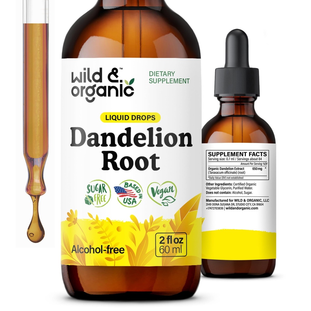 Wild & Organic Dandelion Root Supplement - Liver Detox Cleanse Support - Dandelion Root Tincture - Add to Tea - Herbal Liver Supplement - Vegan, Sugar & Alcohol-Free Liquid Extract Drops - 2 fl oz
