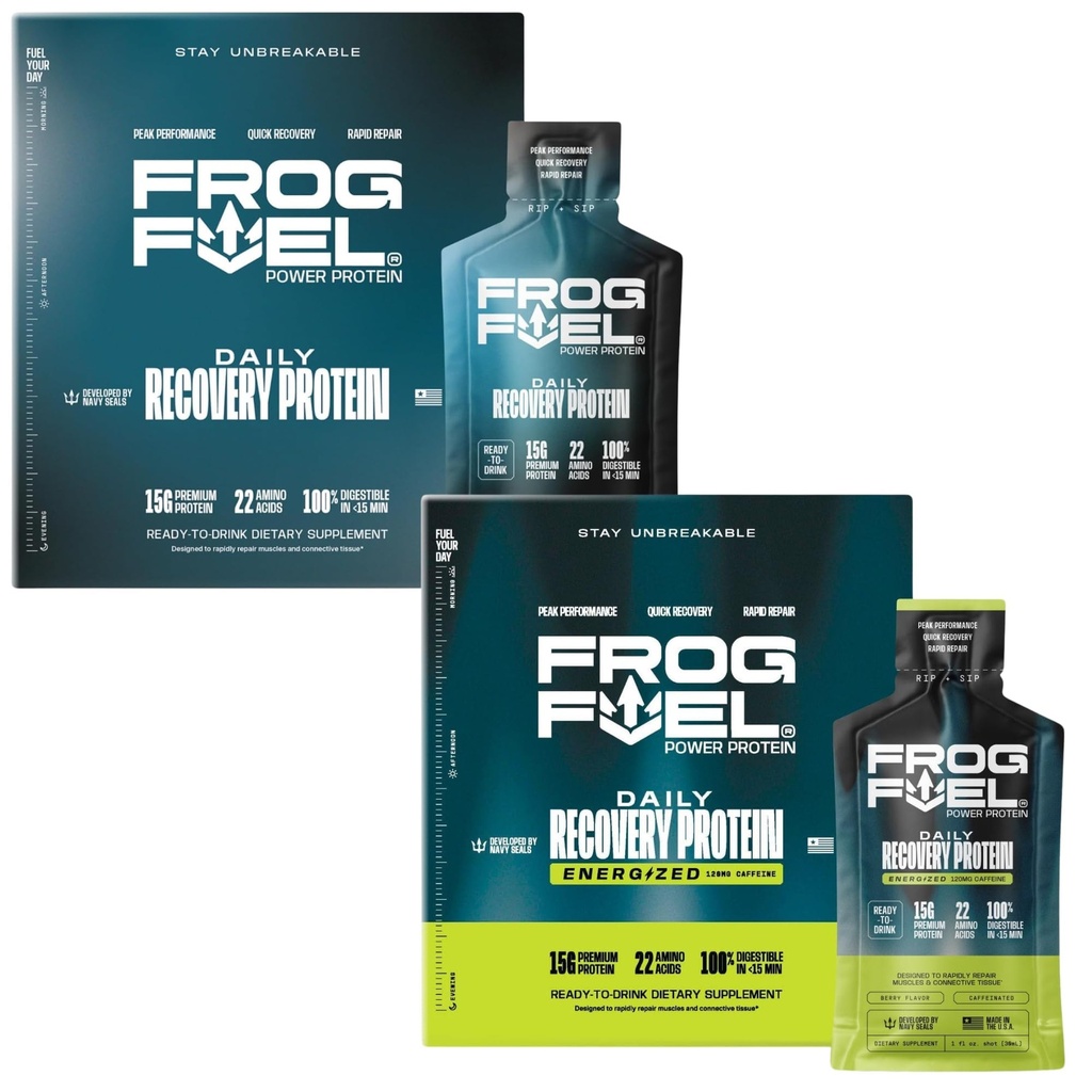 Alimentation en carburant de la grenouille Régulière & Puissance Energisée Ensemble de Shot Protéines Complètes, 15g Protéines Nano-Hydrolyzed Grass Collagen, Après l'entraînement, Sans gras et sans sucre, 22 Acides aminés, Berry, 1 oz Packets, 48 Pack